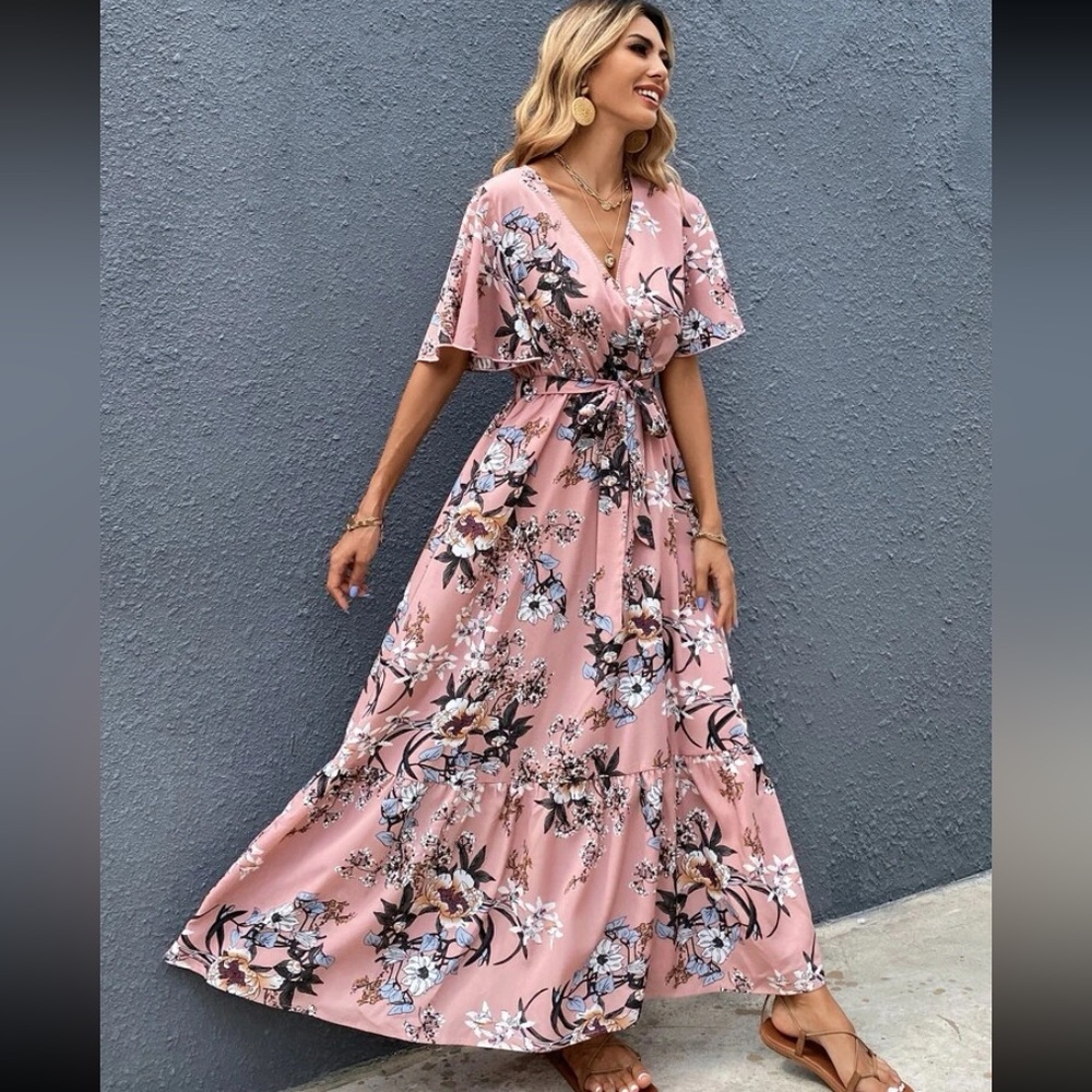 Dusty Pink Surplice Front Floral Print Belted Dress sz M